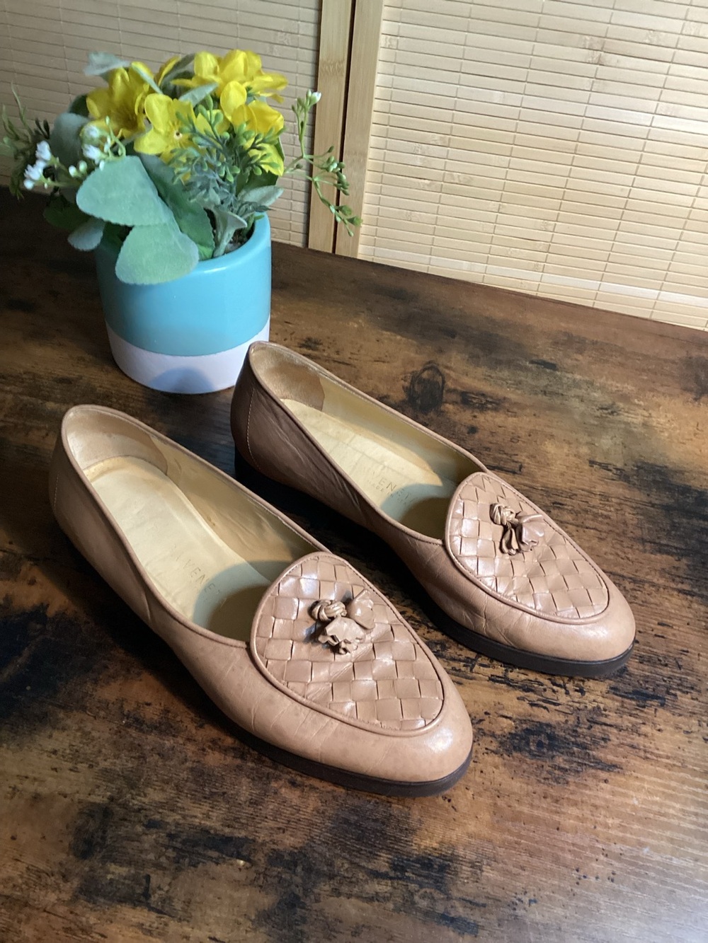 Bottega Veneta Tan Leather Woven Tassel Loafers